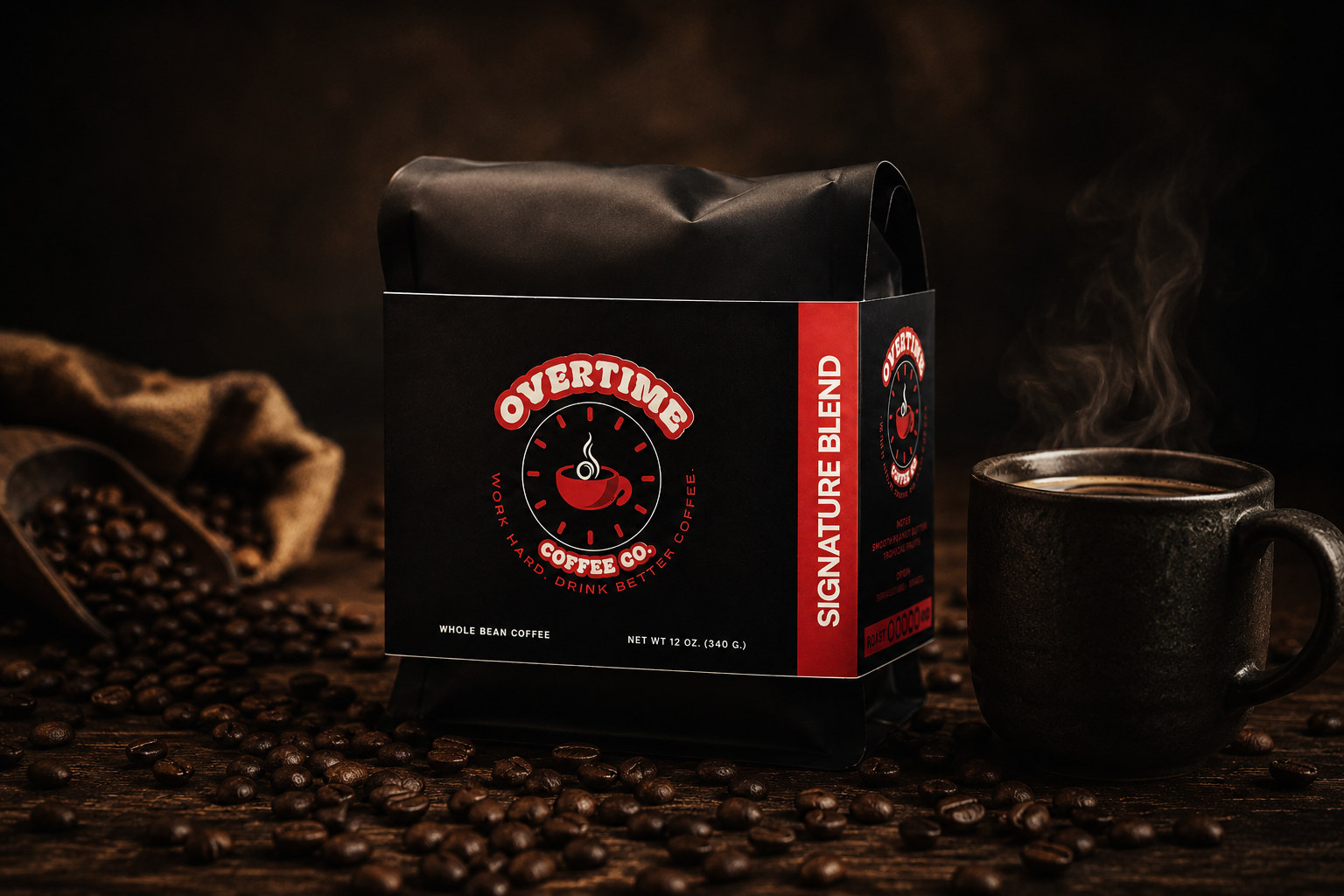 A black coffee bag labeled 'Overtimes Coffee Co. Signature Blend' stands on a dark wooden surface surrounded by coffee beans, with a steaming mug to the right and a burlap sack in the background.